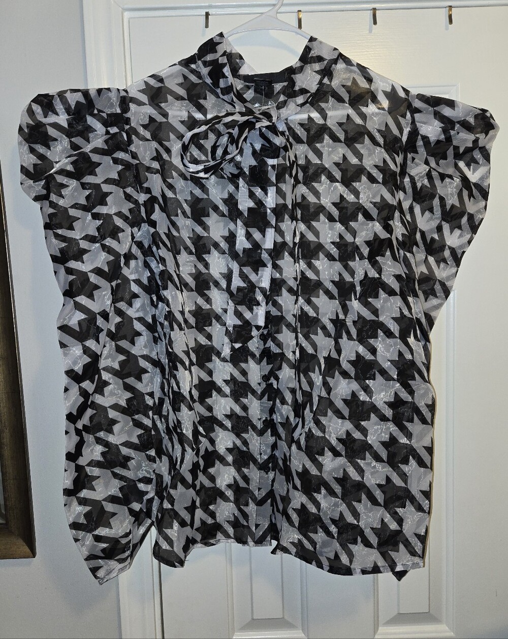 Ashley Stewart Black & White Houndstooth Tie-Neck Blouse